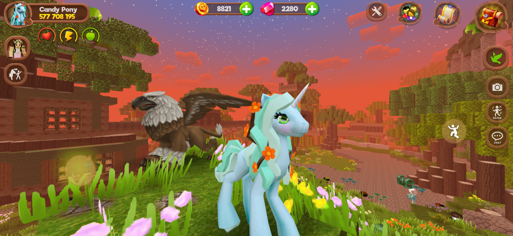 Pony World Craft - A light blue pony and a griffin standing in a blocky voxel world at sunset