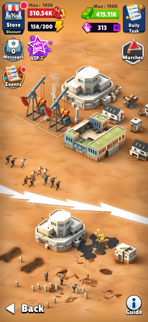War Master : Strategy Battle - A desert military base with oil pumps and barracks in War Master Strategy Battle