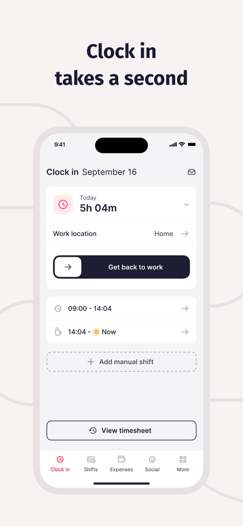 Pantalla móvil de la aplicación Factorial que muestra la función de fichaje con el tiempo registrado y la ubicación de trabajo