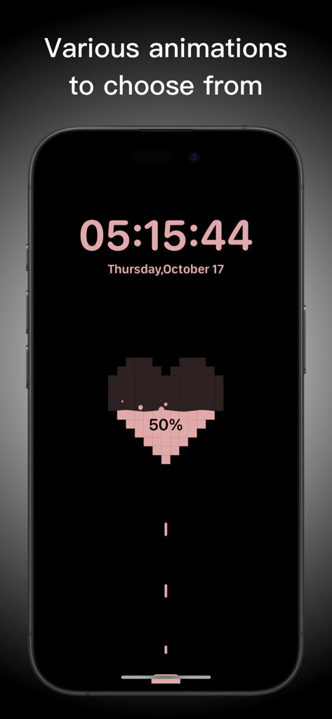 Charging Animation Lite - Uma animação de coração pixelizada rosa em uma tela de carregamento de iPhone preta