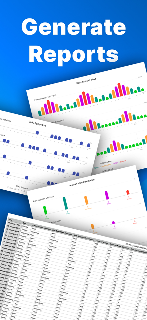 Eating Disorder Recovery - A display of the app's generate reports feature showing data charts and spreadsheets for tracking recovery progress