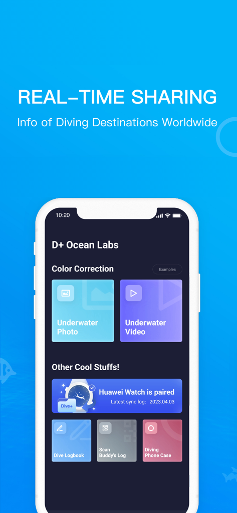 Dive Plus app interface showing underwater photo color correction and digital dive logbook features