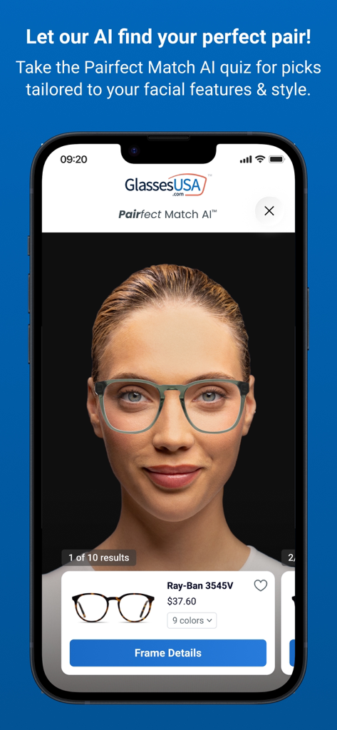 GlassesUSA-App zeigt den KI-persönlichen Stylisten und die virtuelle Anprobe-Funktion.