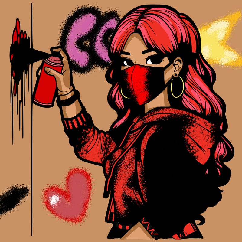 realistic girl with mask spray painting a wall