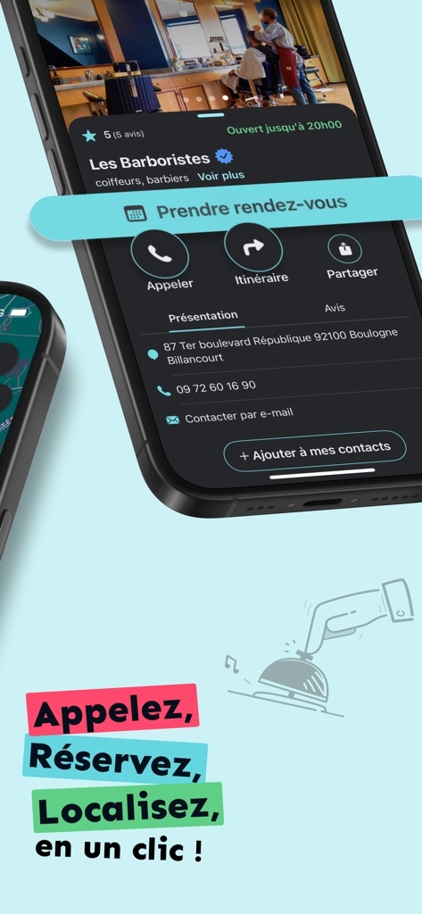 PagesJaunes - Recherche locale - PagesJaunes app screen showing a barber shop listing with appointment booking and contact buttons