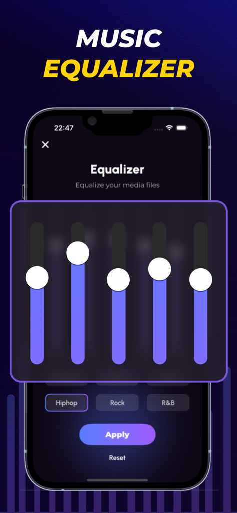Super Volume: Increase Volume - A smartphone screen showing a music equalizer with adjustable purple frequency sliders and genre presets for Hip-hop, Rock, and R&B.
