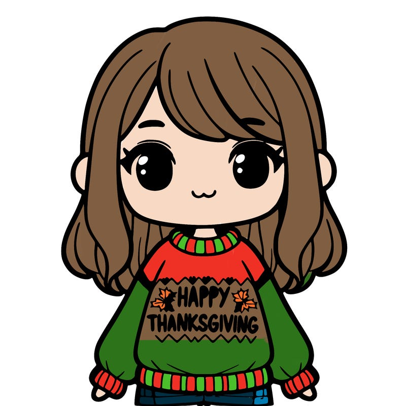 a girl that has a sweater that says happy thanksgiving