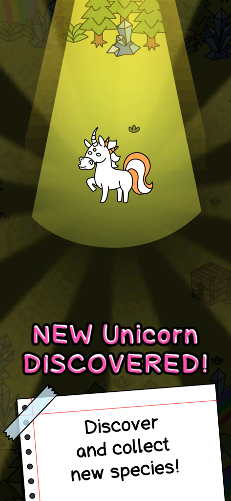 Licorne de style esquisse excentrique sous un projecteur avec un texte annonçant une nouvelle découverte