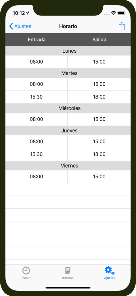 Reloj Laboral, control horario - Interfaz del horario de trabajo semanal en la aplicación Reloj Laboral que muestra las horas de entrada y salida diarias
