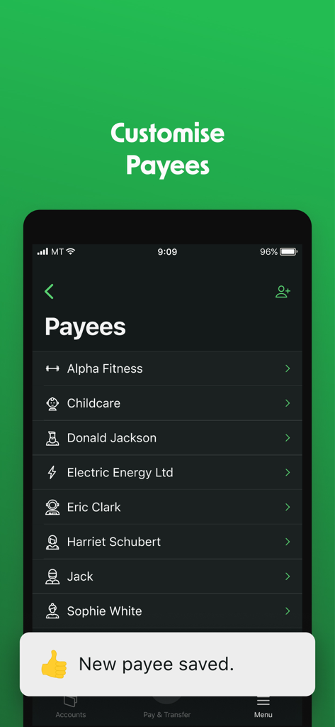 The Co-operative Bank (NZ) - Mobile app interface of The Co-operative Bank NZ showing a customized list of payees in dark mode with a success notification.
