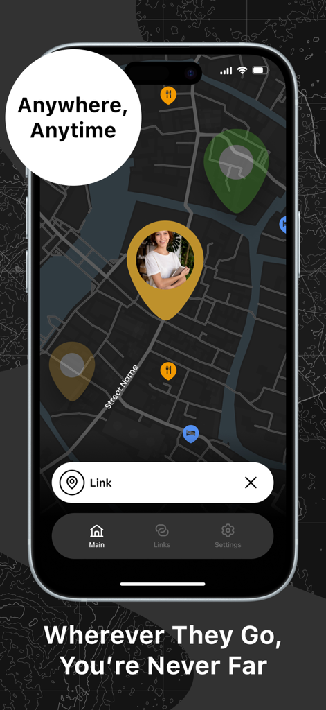 GeoTag Location: Phone Tracker - Smartphone screen showing the GeoTag Location app with a real-time map and family member location markers