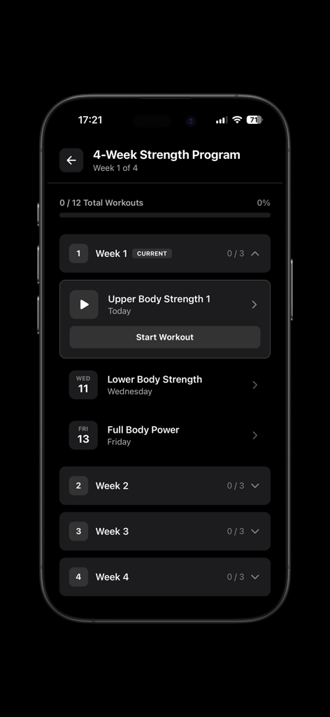 Relay Athletic - O aplicativo Relay Athletic mostrando um cronograma de treinamento de força de 4 semanas com treinos agendados