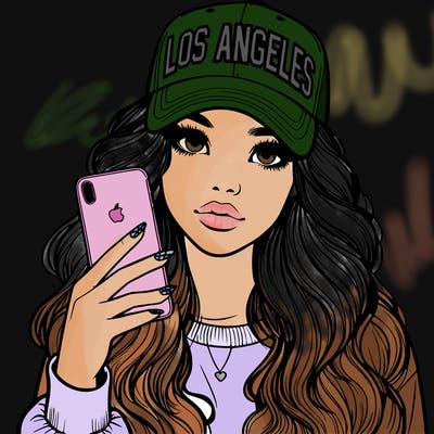 realistic beautiful girl wearing los ángeles cap holding an iphone