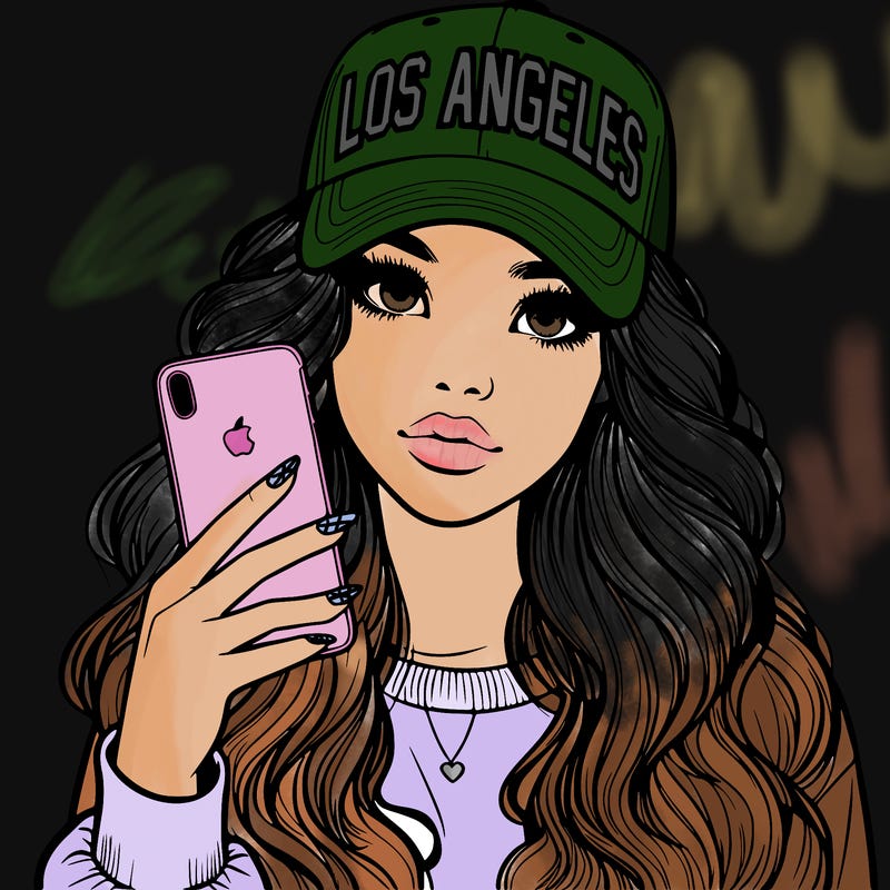 realistic beautiful girl wearing los ángeles cap holding an iphone