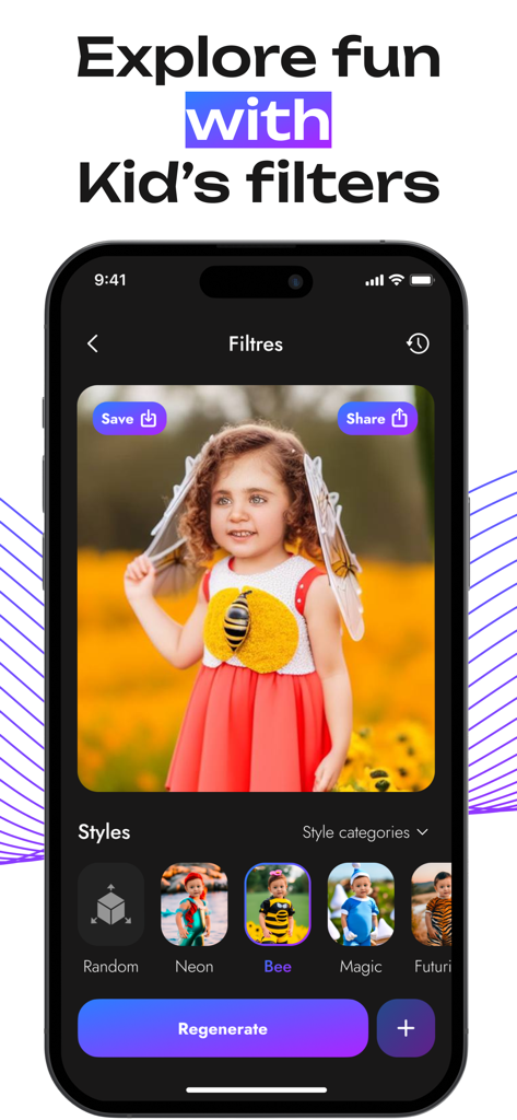 Avatarro - AI Art Avatar Maker - Smartphone screen showing the Avatarro app interface with a child in an AI generated bee filter