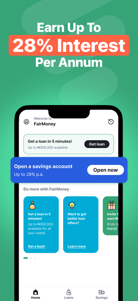FairMoney mobile app dashboard displaying options for instant loans and high-yield savings with 28 percent annual interest