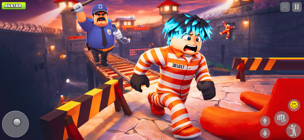 Urban Leap Parkour Run - A character in a striped prison uniform escaping a police officer on a rooftop bridge in Urban Leap Parkour Run.