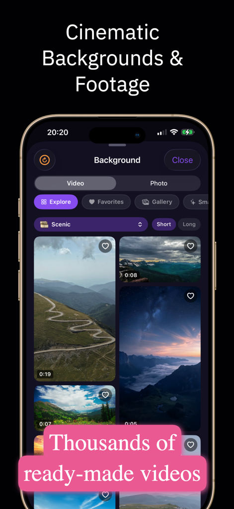 QuranStudio: Quran Clip Maker - QuranStudio app library showing cinematic nature background videos for social media clips.