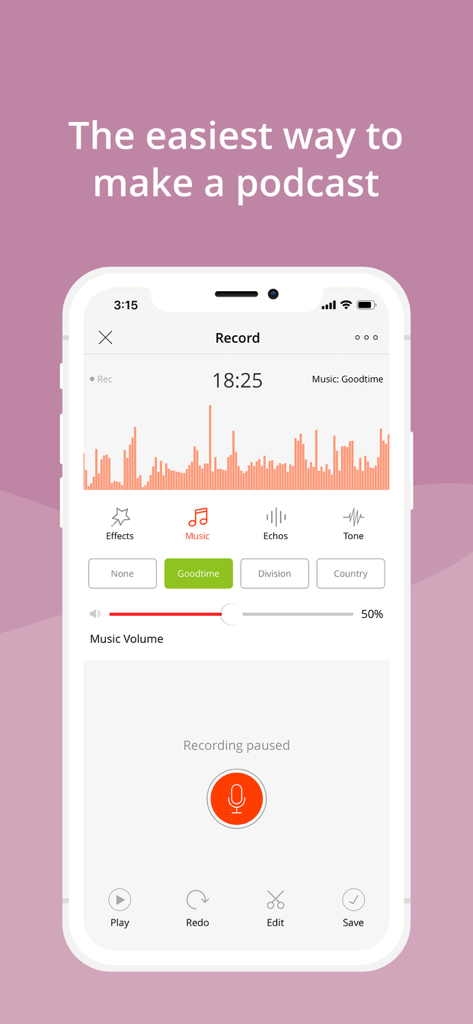 Podcast recording screen in the Podbean app showing audio waveform and music options