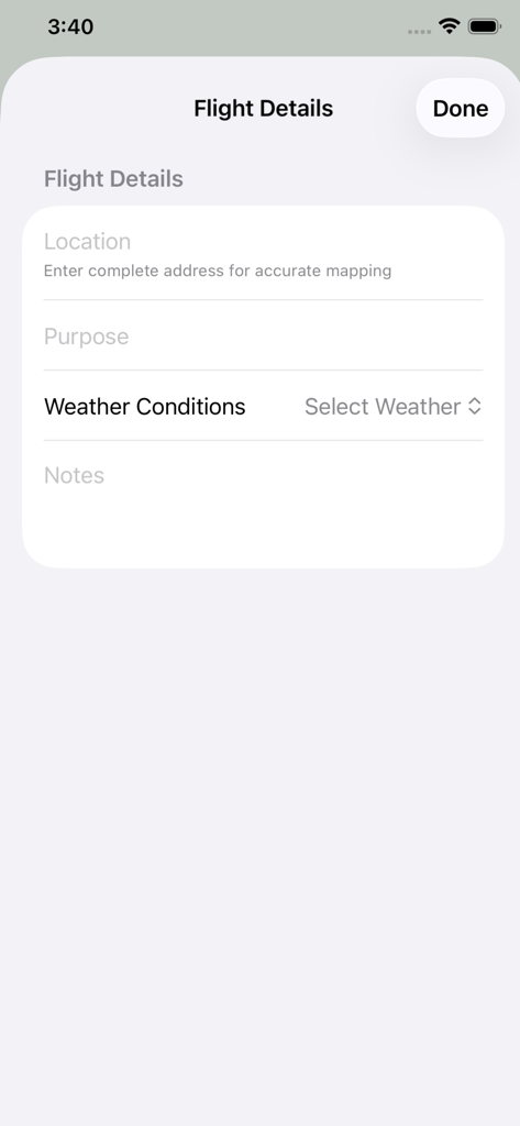 My Drone Log Books - A clean mobile interface for entering drone flight details including location purpose weather conditions and notes