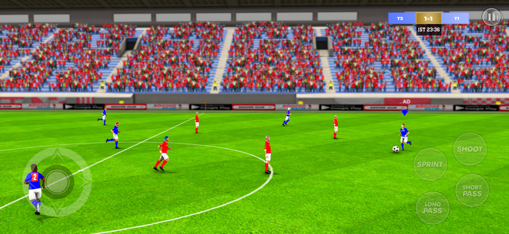 Football Club Star Soccer Game - Gameplay screenshot of Football Club Star Soccer Game showing a player dribbling in a stadium with mobile arcade controls.