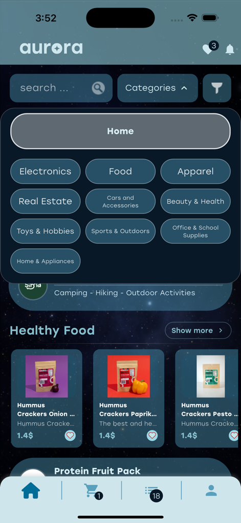 Aurora Store - Interfaz de la aplicación móvil Aurora Store que muestra categorías de compras y productos de alimentos saludables.