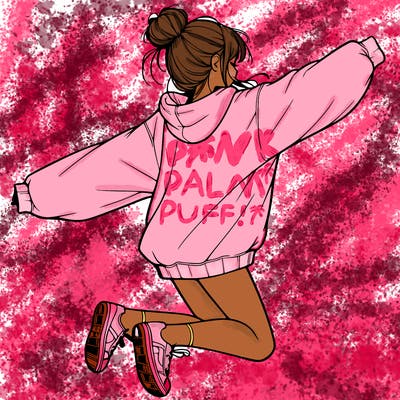 realistic girl jumping with a bun and oversized sweatshirt