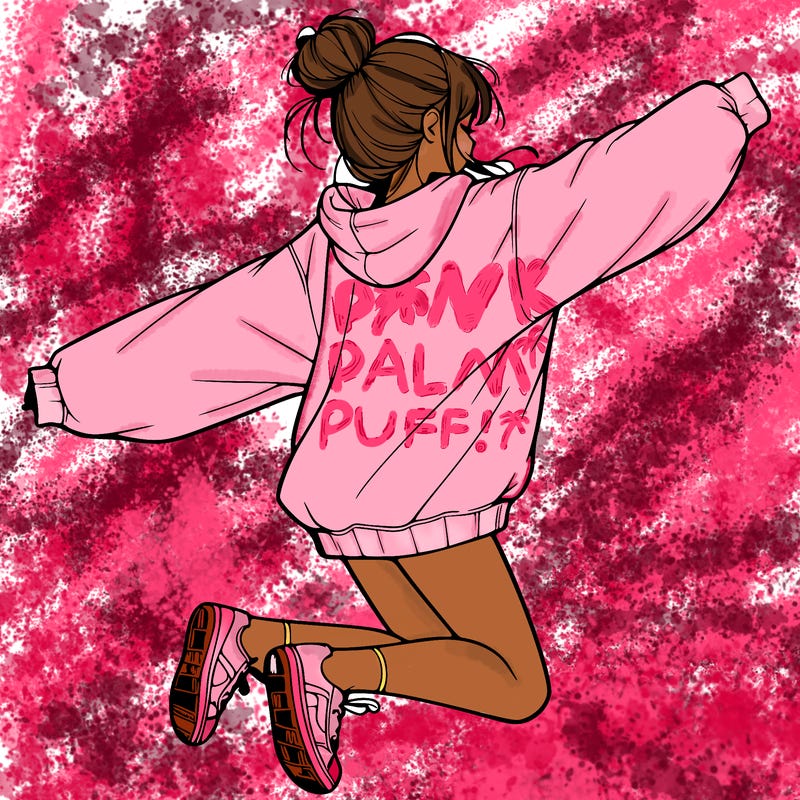 realistic girl jumping with a bun and oversized sweatshirt