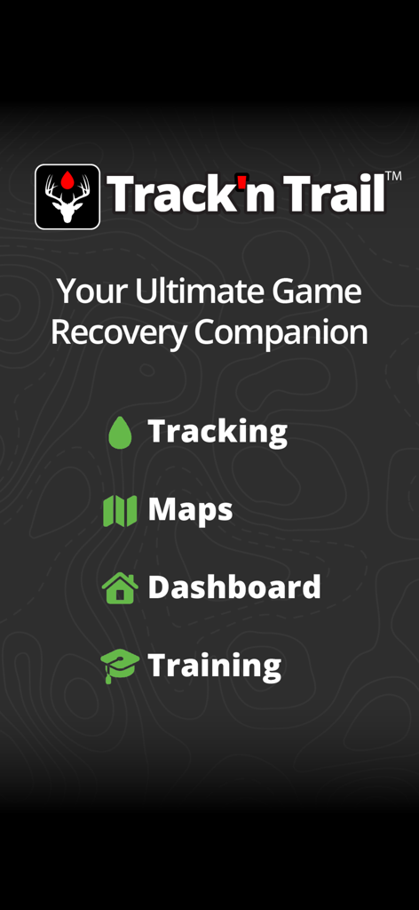 Track N Trail - Hunting & Maps - Track n Trail app screen showing main features including blood tracking and hunting maps