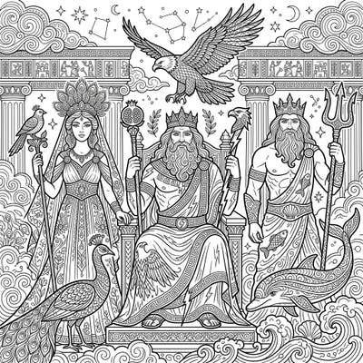 Discover the legendary world of Greek mythology with this stunning adult coloring page featuring the powerful Olympian Gods. Dive into intricate details of Zeus, Poseidon, and Hera, designed to inspire mindfulness and artistic expression.