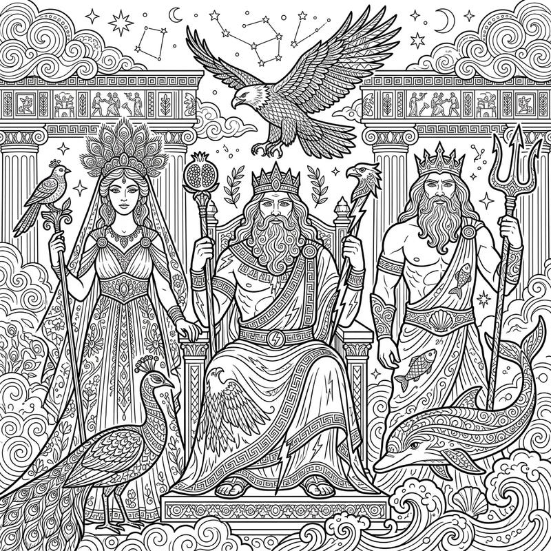 Discover the legendary world of Greek mythology with this stunning adult coloring page featuring the powerful Olympian Gods. Dive into intricate details of Zeus, Poseidon, and Hera, designed to inspire mindfulness and artistic expression.