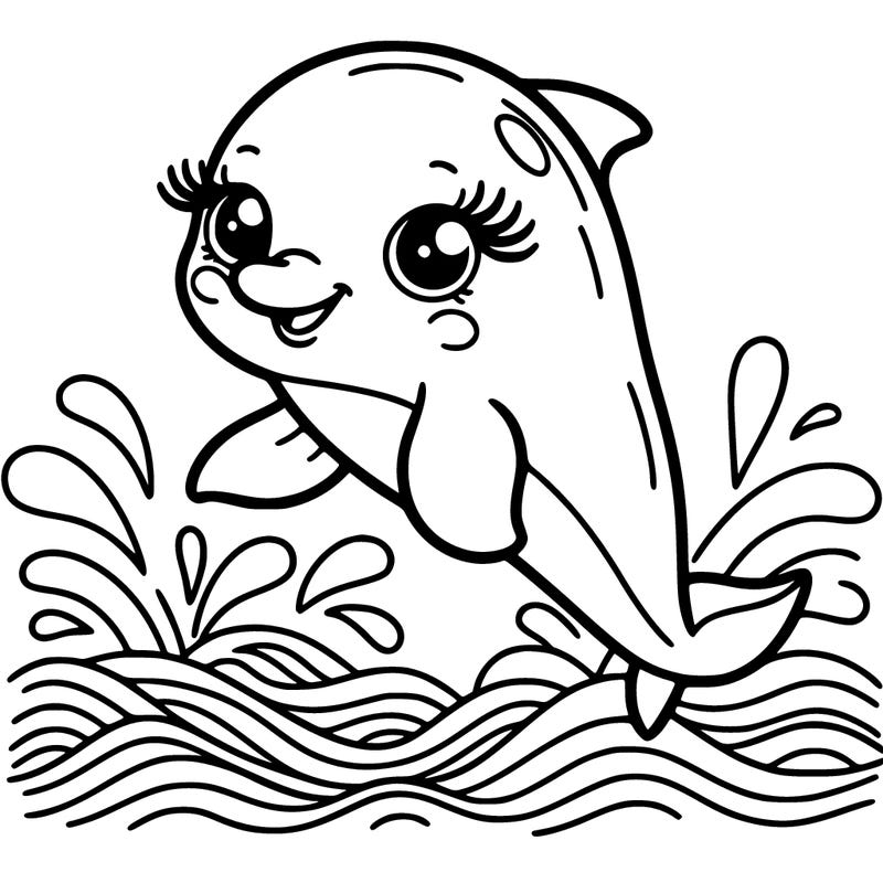 cute dolphin, smiling, long eyelashes, jumping over sea waves