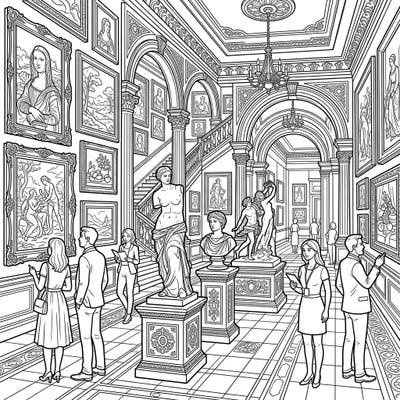 Immerse yourself in the world of fine art with this captivating art museum coloring page, thoughtfully designed for seniors. Explore detailed paintings, sculptures, and grand architecture, offering a relaxing and stimulating creative experience.
