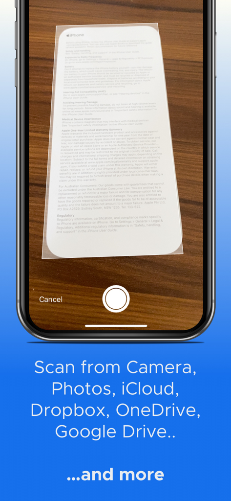 ドキュメントがカメラでスキャンされているスマートフォンの画面。iCloudやGoogle Driveなどのクラウドストレージ連携のテキストリストが表示されています。