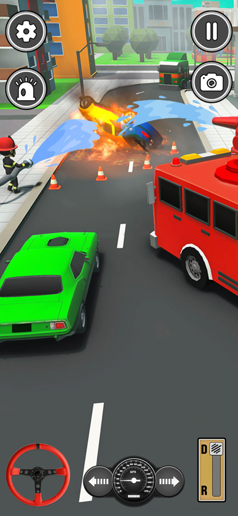 Dream Vehicle Car Driving Game - Jugabilidad de Dream Vehicle Car Driving Game con un coche verde acercándose a un camión de bomberos y un vehículo en llamas