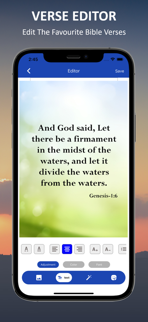 Message Bible MSG (Audio) - Interface do editor de versículos do aplicativo Bíblia A Mensagem mostrando uma citação personalizada de Gênesis 1:6 sobre um fundo natural.