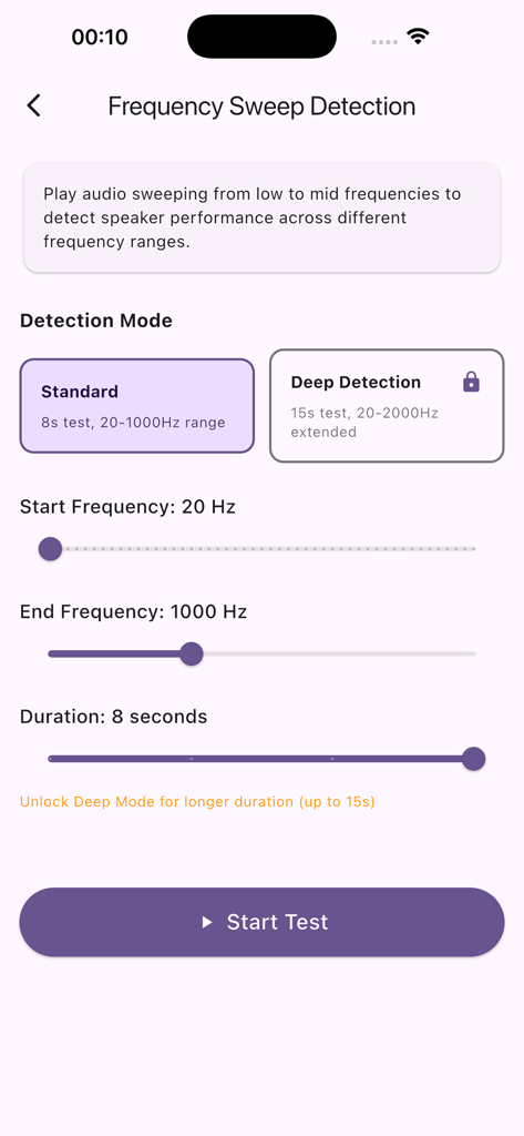 Speaker Test – Moisture & Dust - Frequency sweep detection screen with adjustable settings for speaker testing