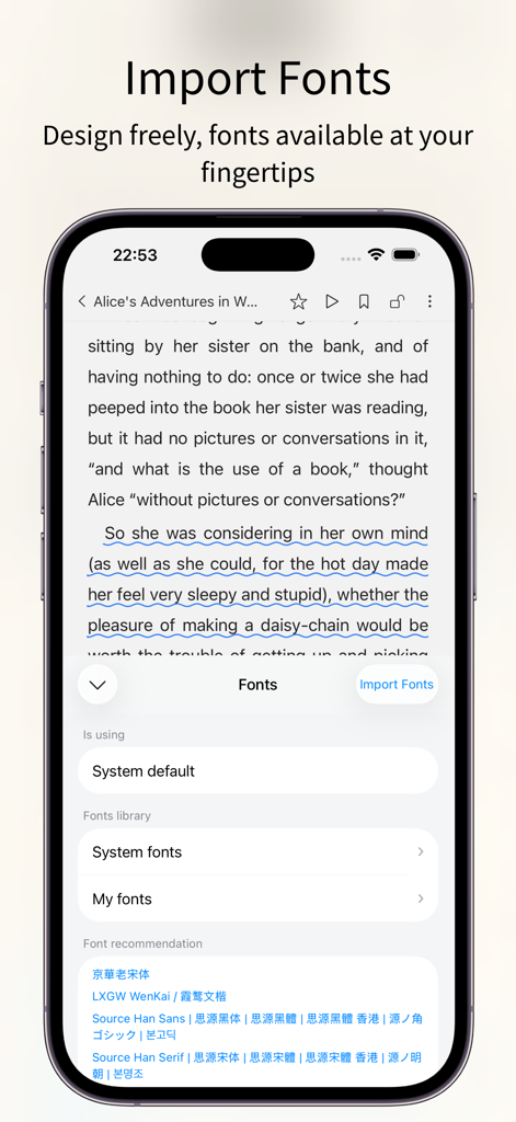 PureLibro: ebook reader - PureLibro E-Book-Reader-App-Oberfläche, die den Import und die Auswahl benutzerdefinierter Schriftarten auf einem iPhone zeigt