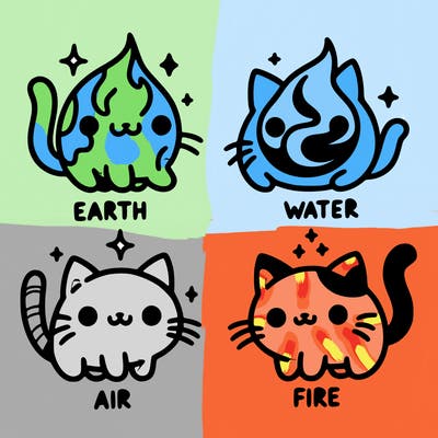 4 cats that represent the different elements, earth, water, air, and fire