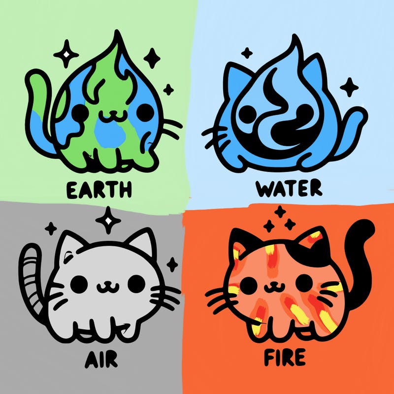 4 cats that represent the different elements, earth, water, air, and fire
