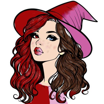 realistic witch girl with wavy hair and lips