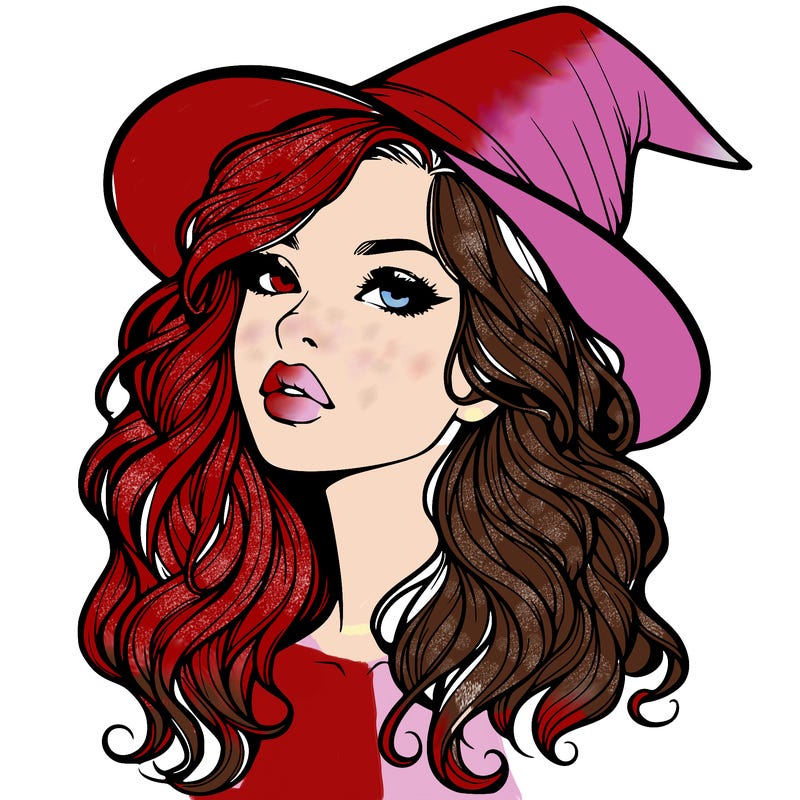 realistic witch girl with wavy hair and lips