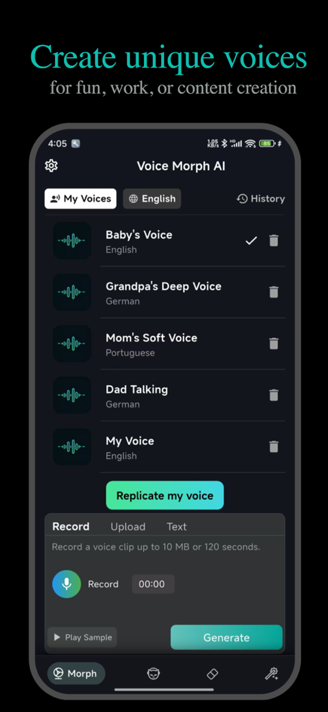 Voice Morph AI: Voice Studio - A mobile app screen showing a list of saved custom voices and a recording interface for replicating a user's voice using AI.