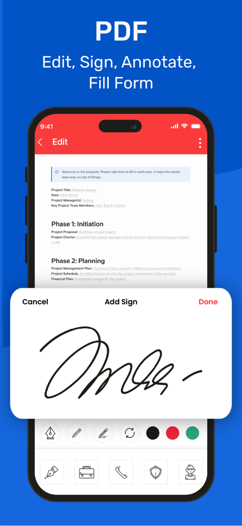 Smartphone displaying a digital signature being added to a PDF document in the Office Suite app