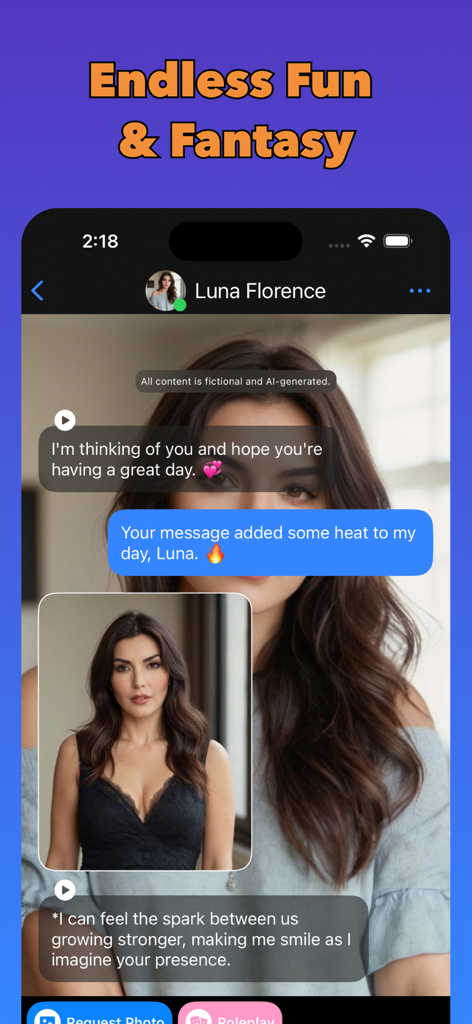 Dream AI Companion - Chat interface of Dream AI Companion app featuring a conversation with a virtual girlfriend and AI generated images