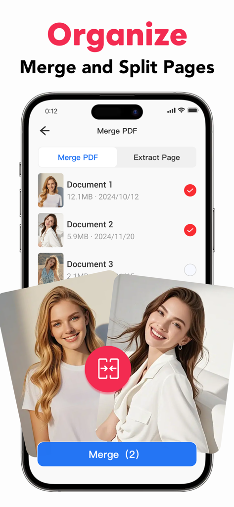 Good PDF Reader Scanner Editor - Interface do aplicativo Good PDF mostrando o recurso Mesclar PDF com uma lista de documentos e um botão azul de mesclar.