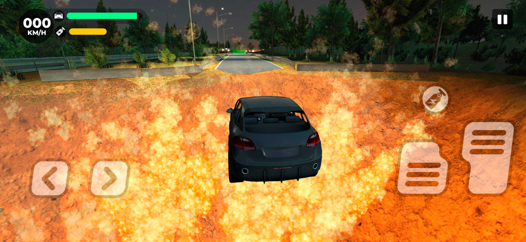 Beam Drive - Pit Car Crash - Un coche negro enfrentando un enorme pozo en llamas en el juego de simulación móvil Beam Drive.