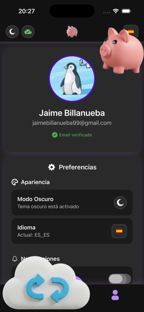 Pantalla de perfil de usuario de la aplicación Hero Budget que muestra las preferencias de cuenta y la configuración del modo oscuro