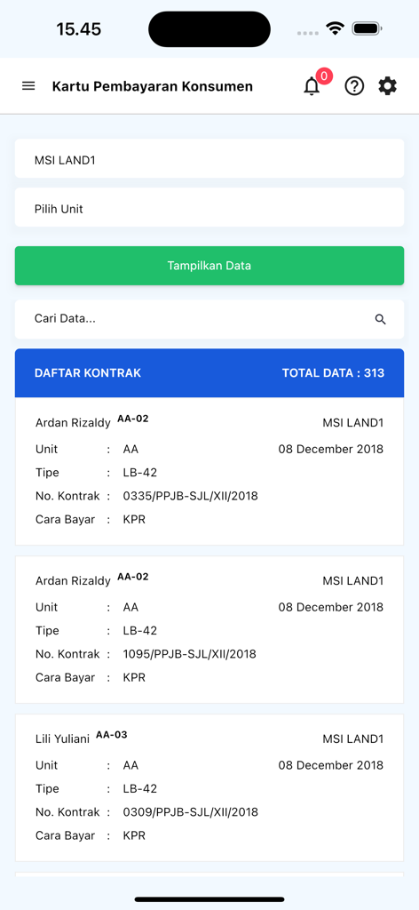 Porta Pro - Captura de tela do aplicativo Porta Pro mostrando uma lista de contratos imobiliários com informações de pagamento do consumidor e detalhes da unidade