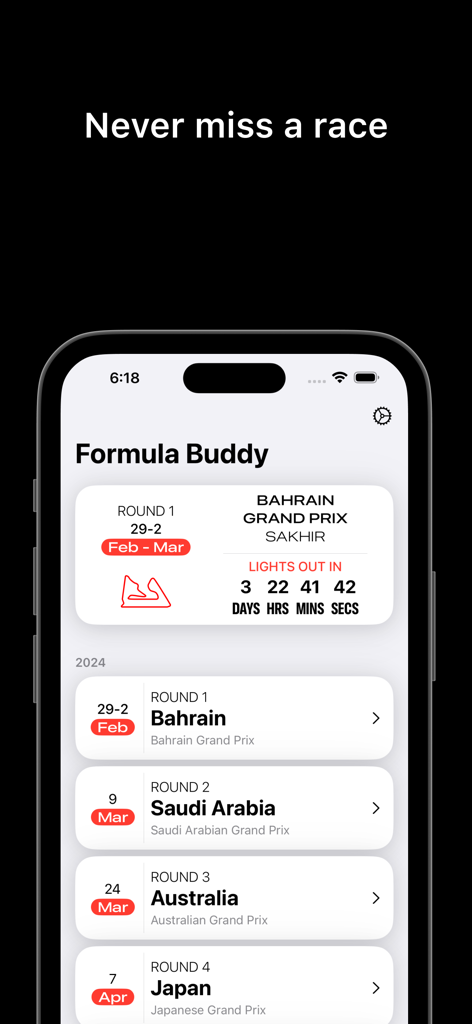 Formula Buddy - Formula Buddy app interface showing F1 race countdown and upcoming 2024 schedule.